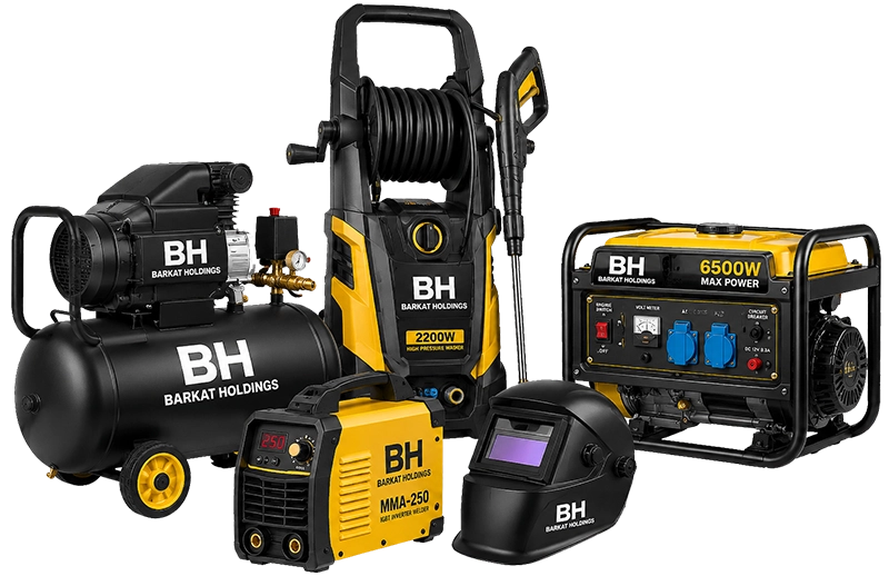 Heavy-duty industrial equipment including air compressor, pressure washer, welding machine and generator on a transparent background for Barkat Holdings Pakistan.