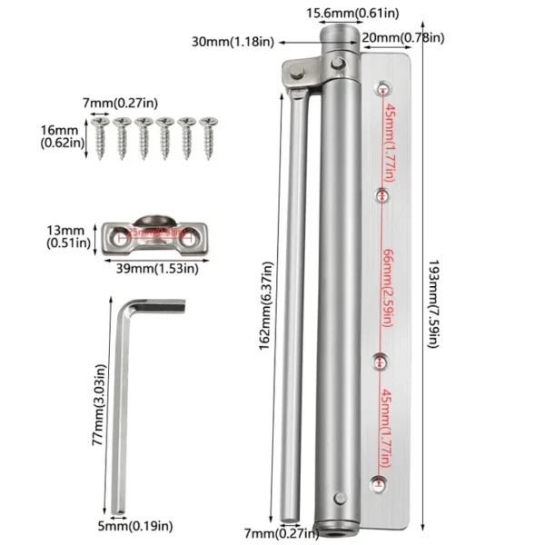 Adjustable Automatic Door Closer Dimensions and Installation Accessories