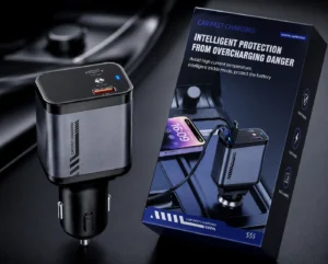 4-in-1 Car Fast Charger with Built-in Dual Cables, USB & Type-C Ports