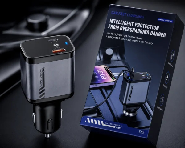 4-in-1 Car Fast Charger with Built-in Dual Cables, USB & Type-C Ports